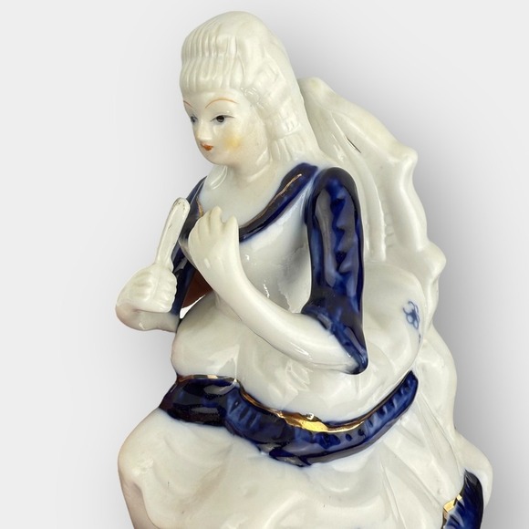 Vintage Porcelain Seated Couple Figurines with Table Blue White Gold Trim - Picture 11 of 16